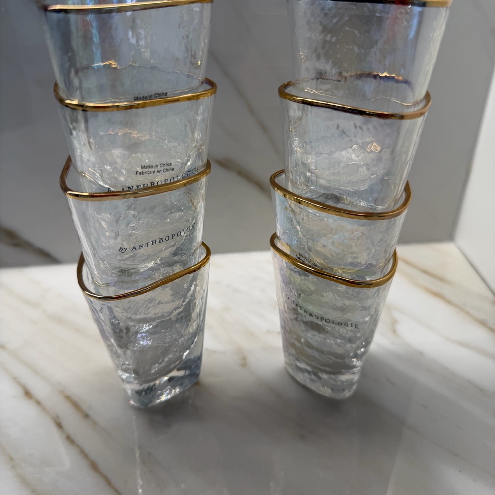 Anthropologie Clear Textured Glasses with Gold Rim (Set)